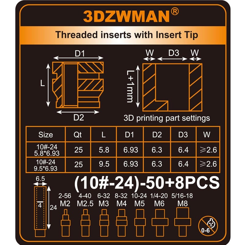 3DZWMAN #10-24 Threaded Inserts with M2-M8 Heat Set Insert Tools,Brass UNC knurled Nuts for 3D Printing Components and Plastic Parts(25Pcs #10-24 * 5.8 * 6.93 and 25Pcs #10-24 * 9.5 * 6.93) - Image 3